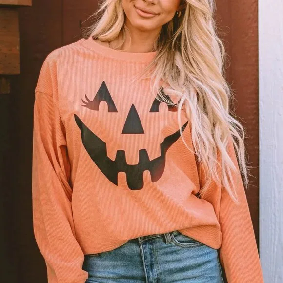 Orange Pumpkin Smile Face Graphic Sweatshirt - Picture 6 of 9